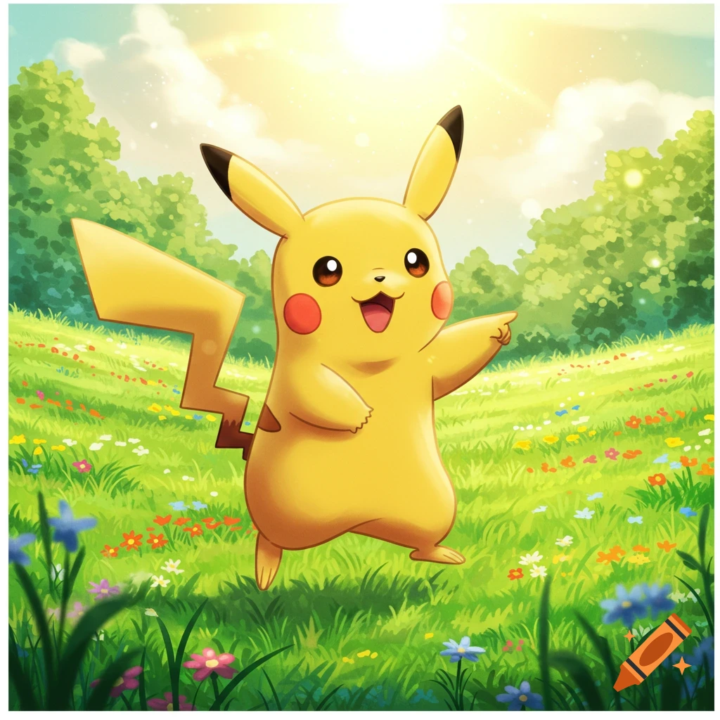 Pikachu walking through a sunny field of flowers, pointing forward. Cartoon illustration.