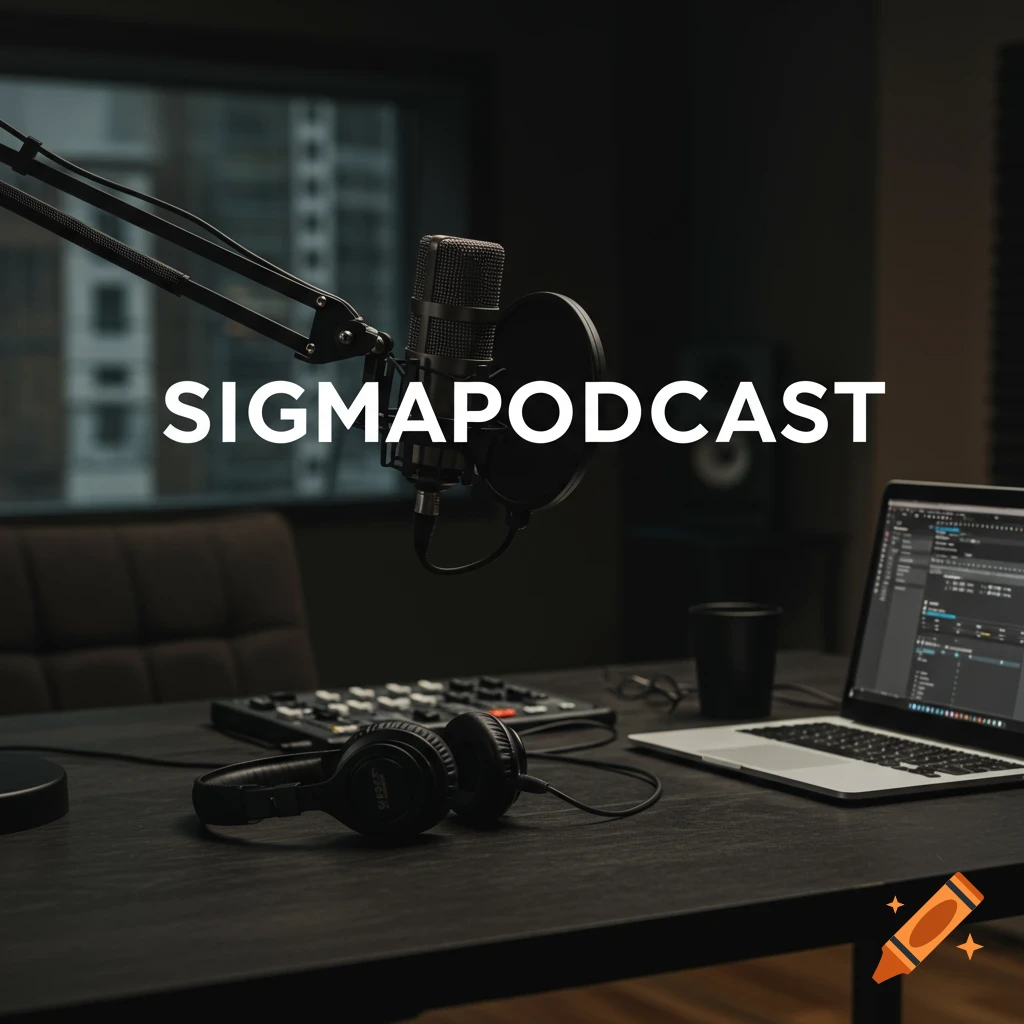 A recording studio desk with a microphone, headphones, laptop, and 'SIGMAPODCAST' text overlay.