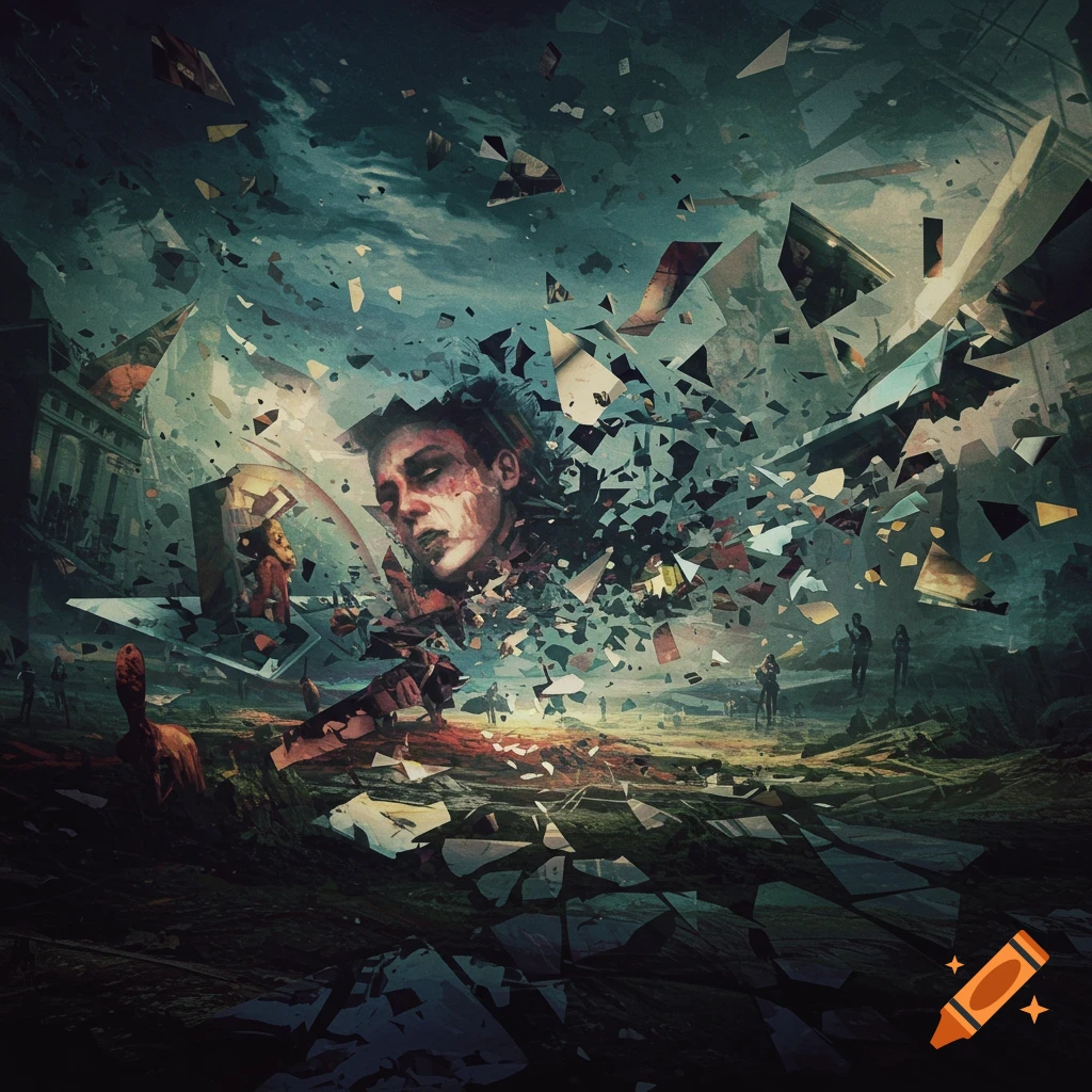 A human head dissolving into shards over a chaotic, fragmented landscape.