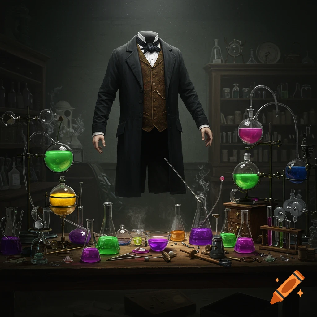 A headless man in Victorian clothes floats in a laboratory filled with bubbling chemicals.
