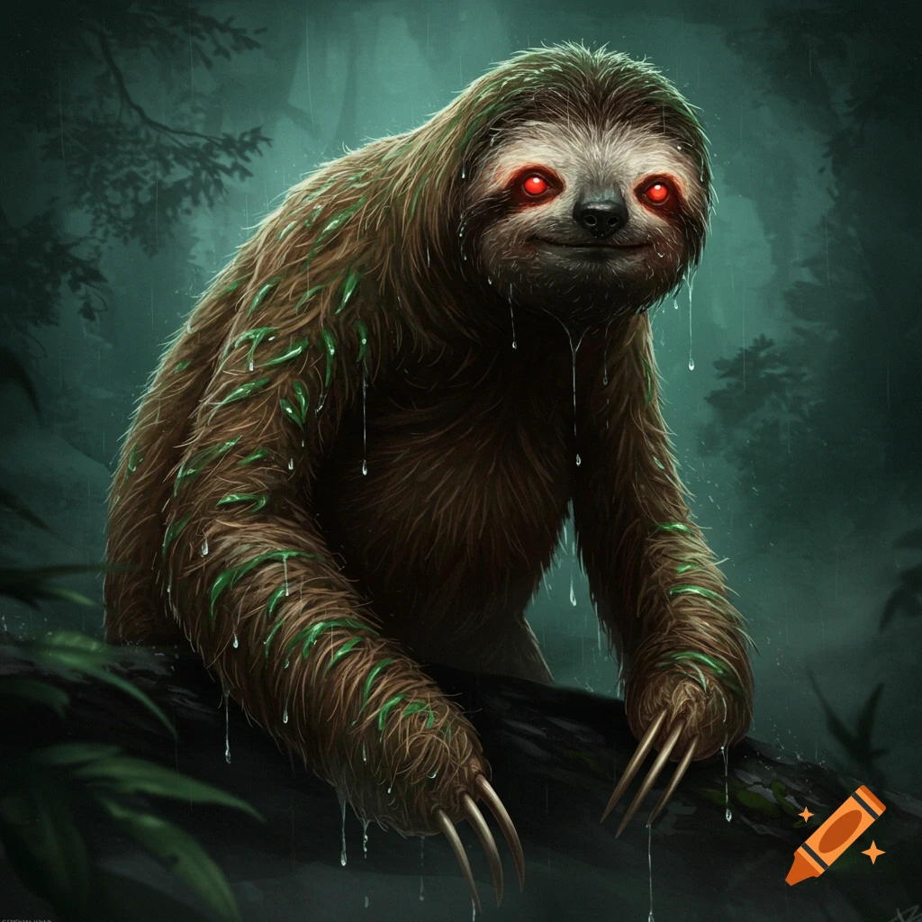 A scary sloth with red eyes sits on a branch in the rain.