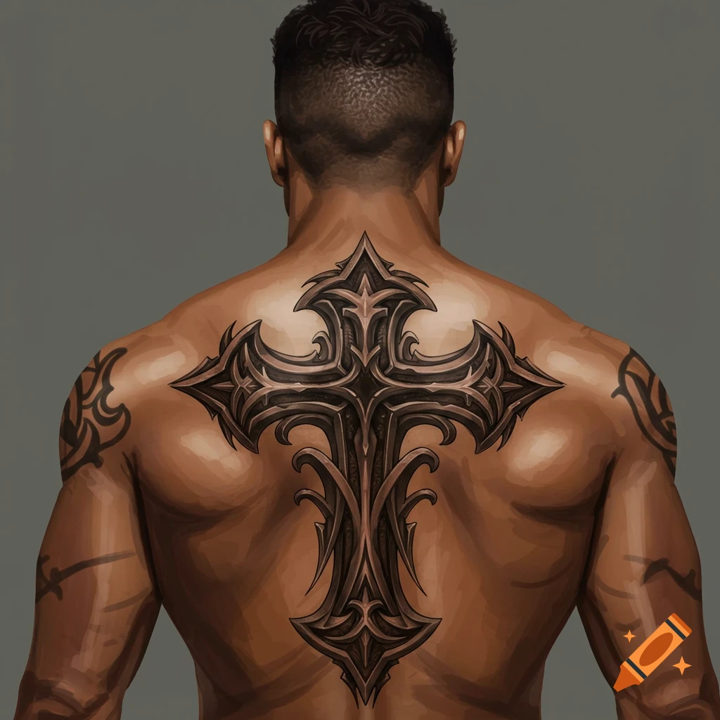 A man's back with a large ornate cross tattoo.