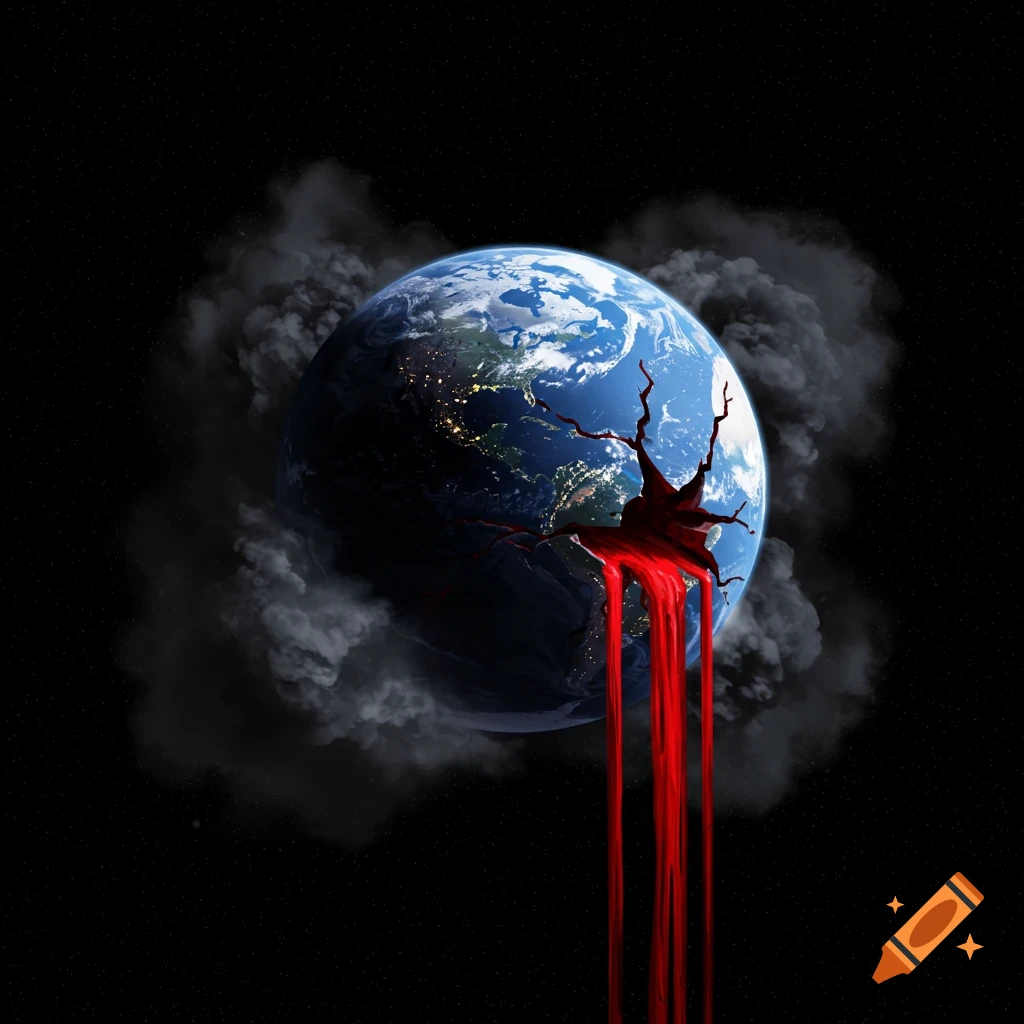 Earth cracking open with blood flowing out, surrounded by dark clouds in space.