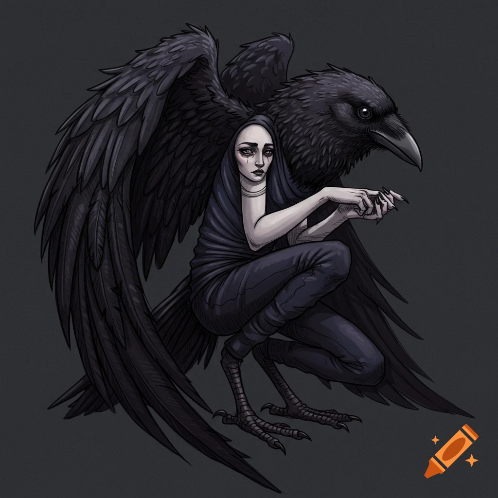 Drawing of a crouching half human, half crow creature with large black wings and bird legs.