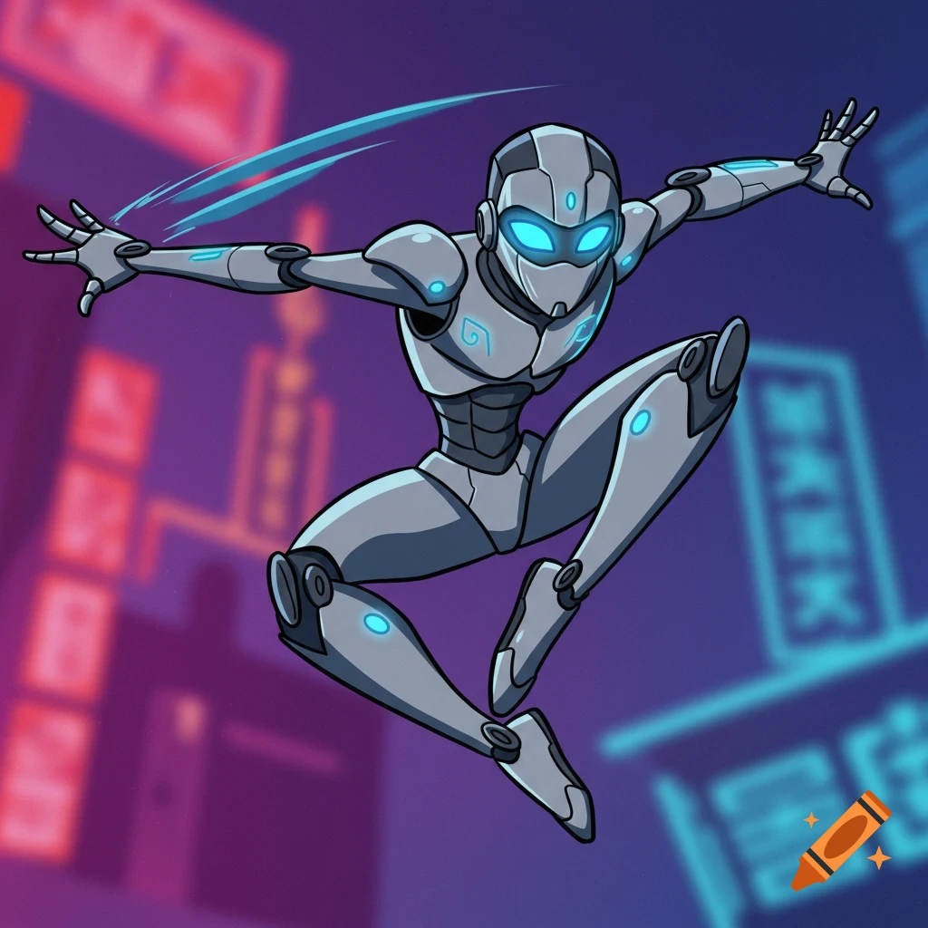 A futuristic ninja robot leaps with energy streaks in a blurred cyberpunk city background, 2000s cartoon style.