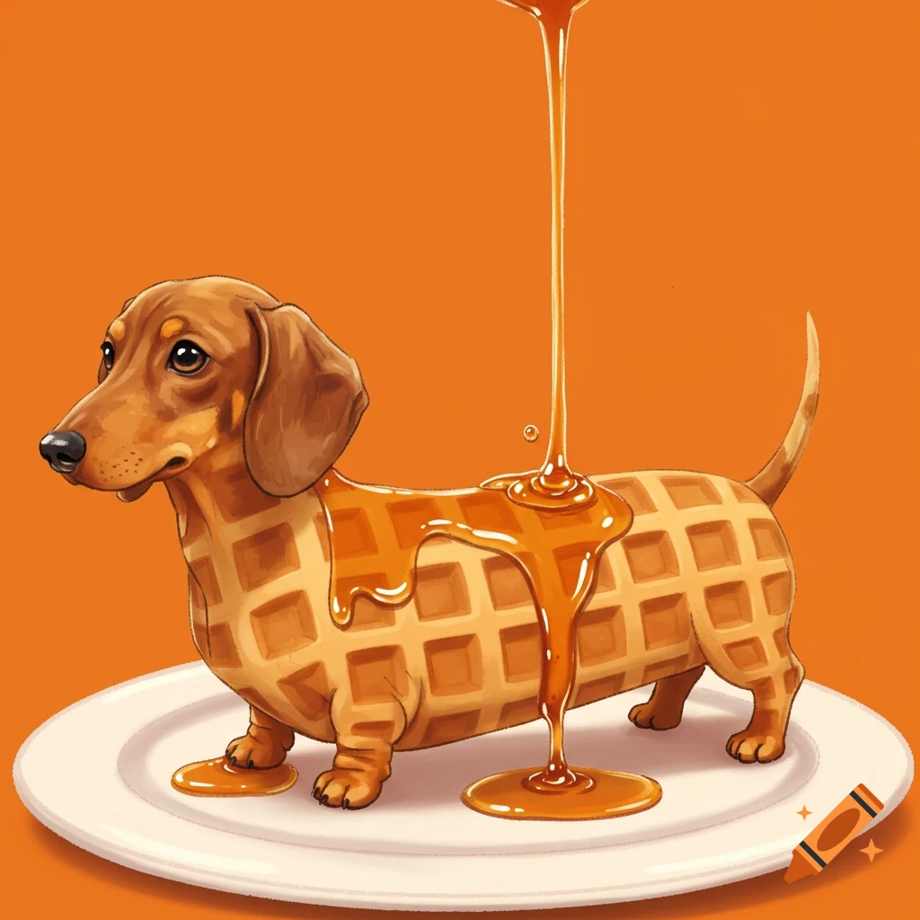 A dachshund made of waffle, covered in syrup, on a white plate against an orange background.
