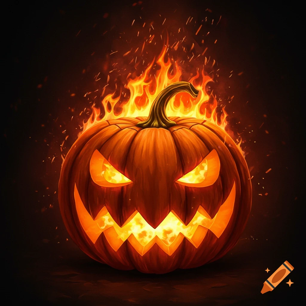 Angry jack o lantern engulfed in flames.