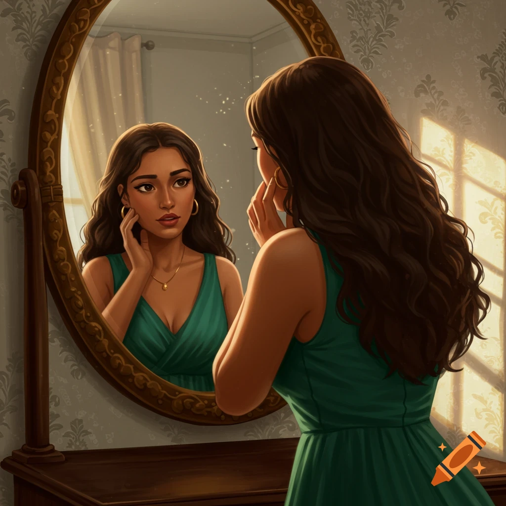 A woman in a green dress looking in an ornate mirror in a room.