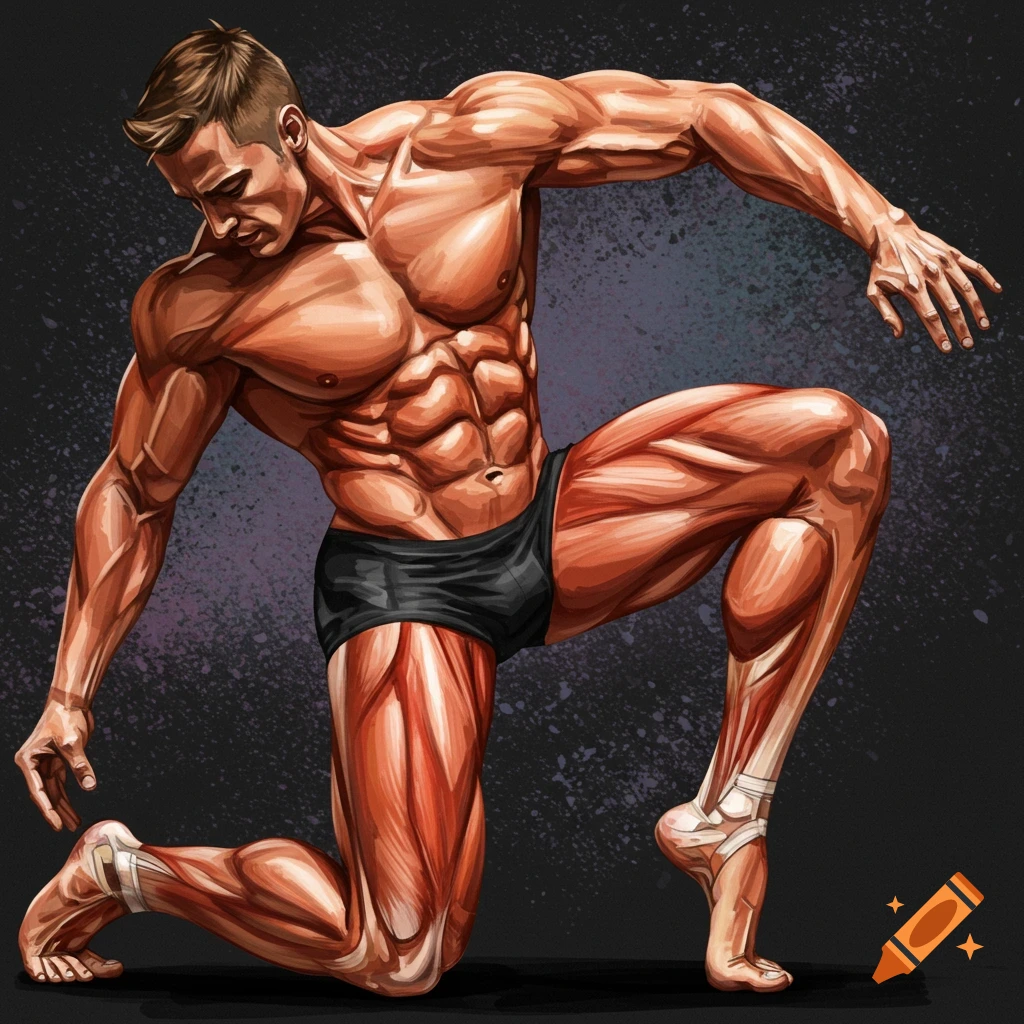 A muscular man in black shorts kneels.