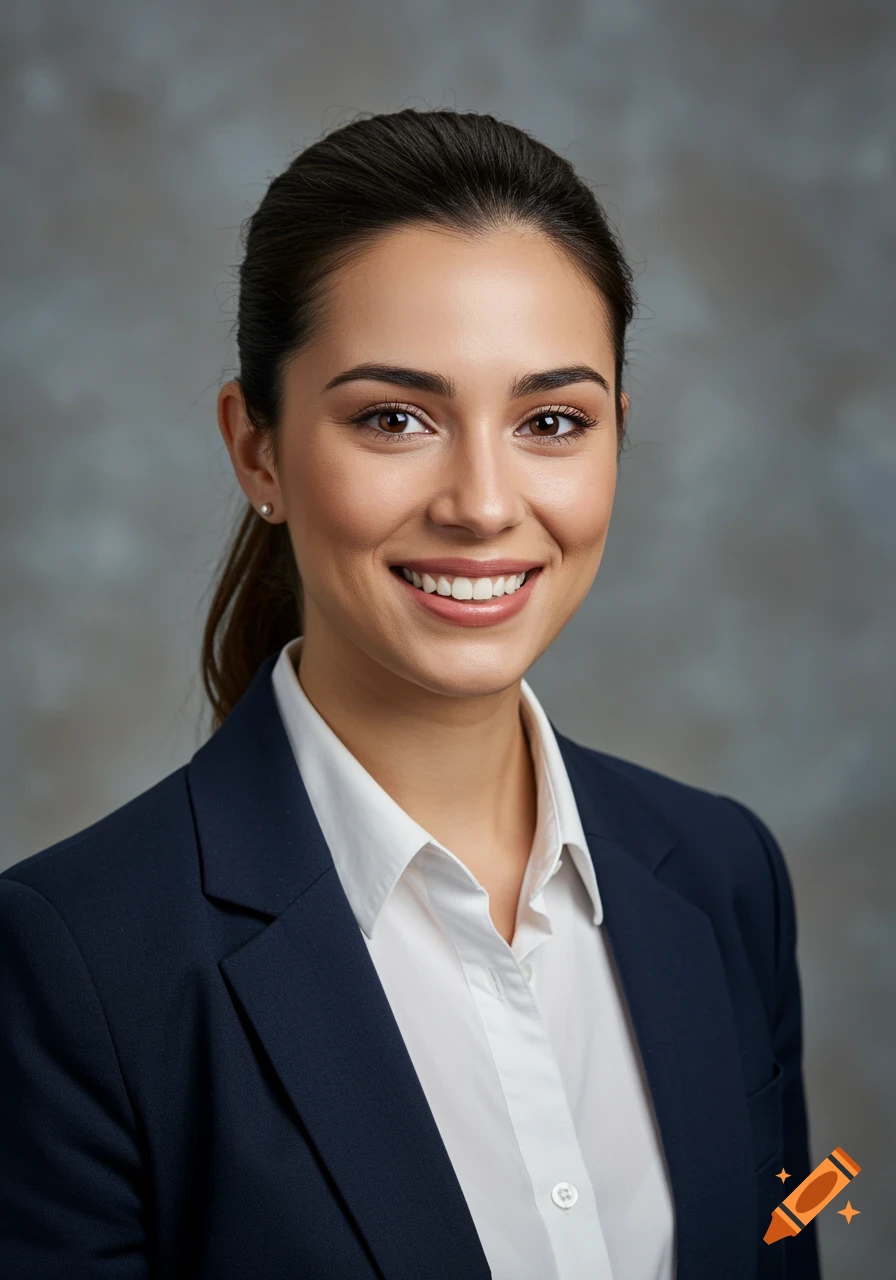 Professional headshot of a young woman smiling in a navy blazer and white shirt.