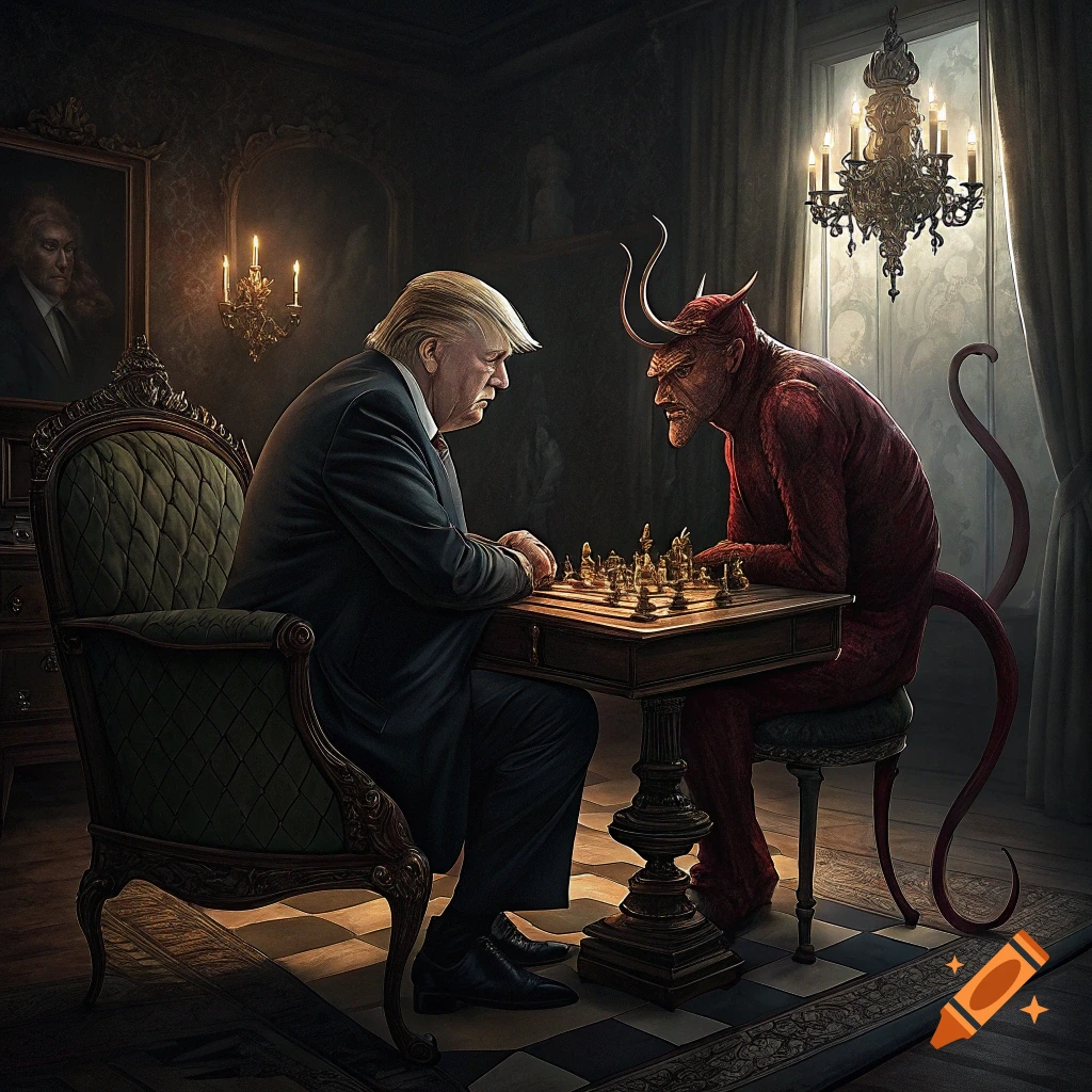 Donald Trump playing chess against a red-skinned Devil in a dimly lit, ornate room.