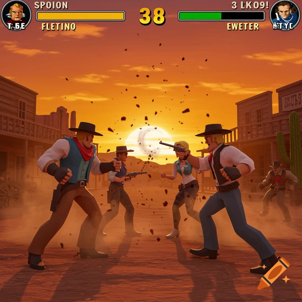 A stylized 3D fighting game scene set in a Wild West town at sunset, showing characters in Western attire clashing.