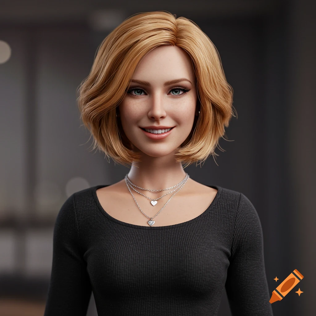 3D render portrait of a smiling woman with short blonde hair, black top, and layered heart necklaces.