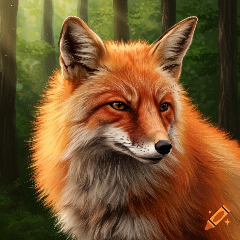 Red fox looking right in a forest.