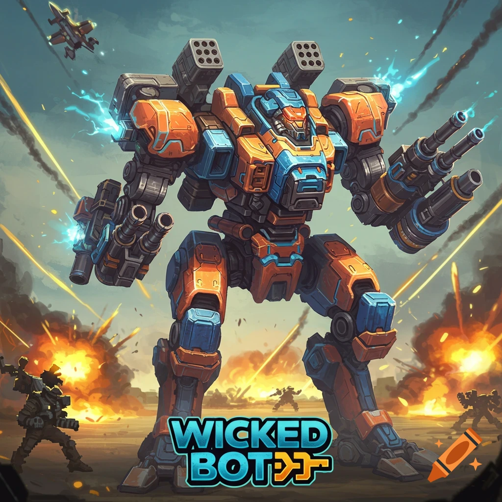Large orange and blue mecha robot in a battle scene with explosions and text 'WICKED BOT'.