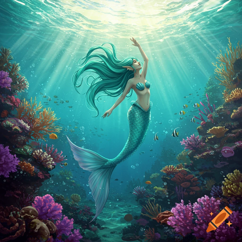 A mermaid swimming up from a coral reef towards sunrays