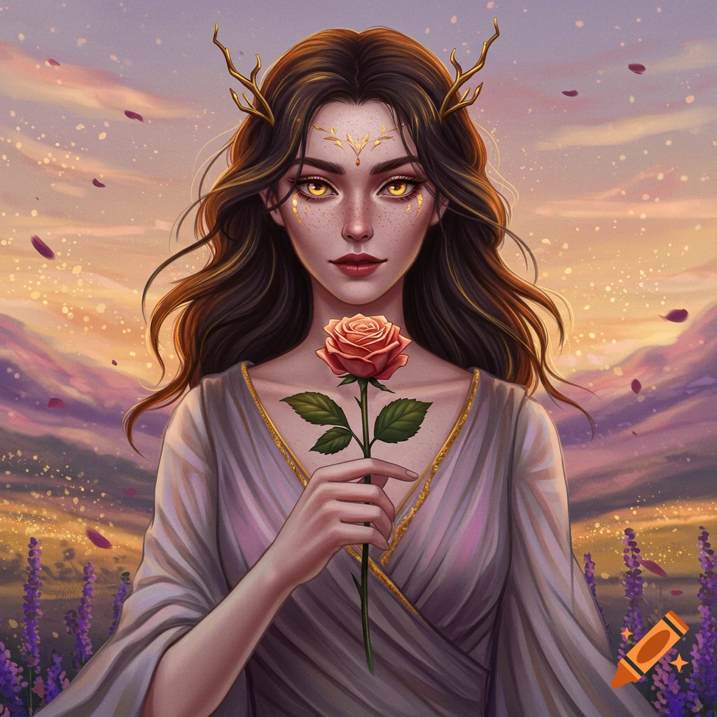 Portrait of a fantasy woman with golden eyes and antler-like horns holding a rose in a field at sunset.