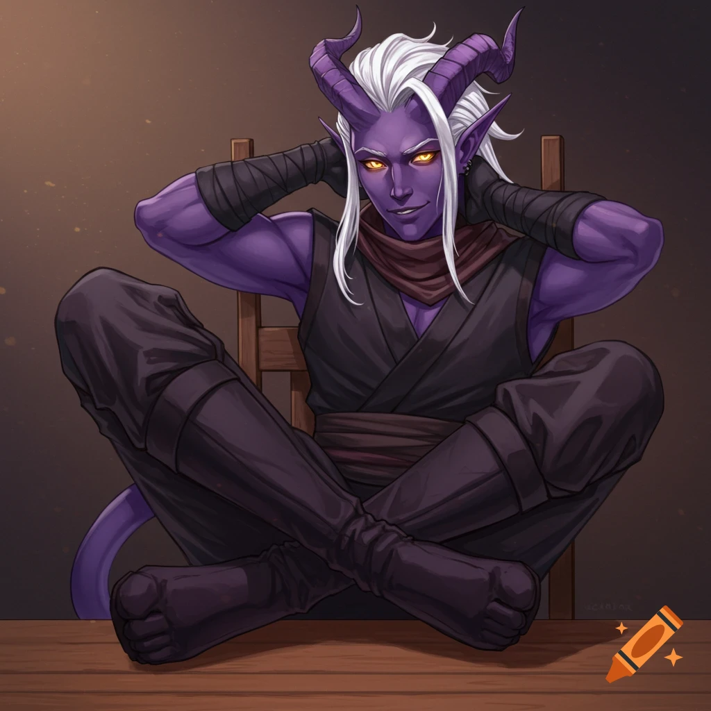 A purple-skinned tiefling ninja with white hair and horns sitting on a table.
