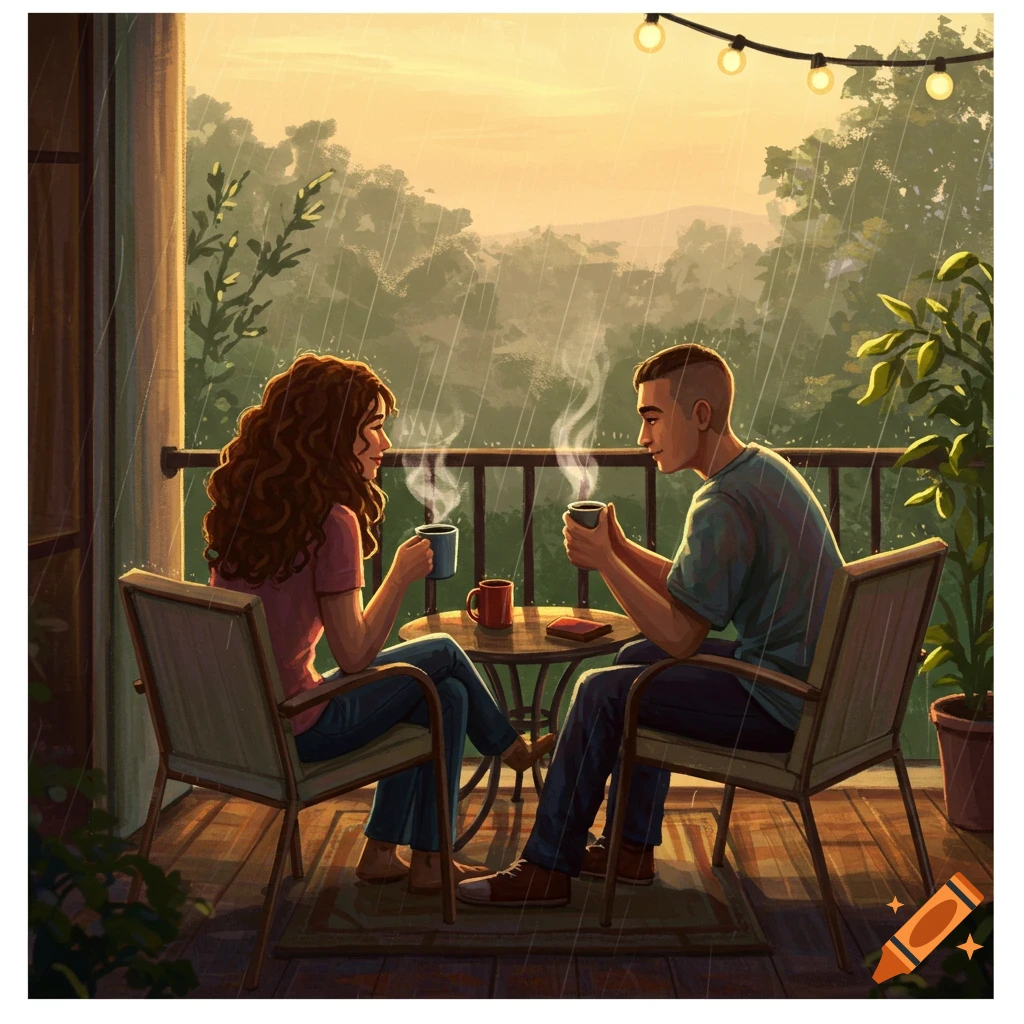 A couple sitting on a balcony drinking coffee while watching it rain.
