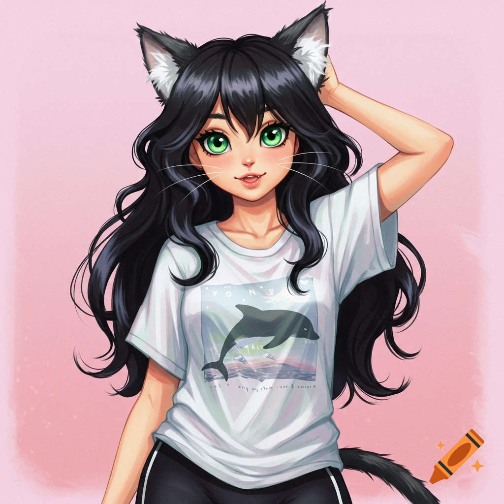 An anime cat girl wearing a white t-shirt and black shorts