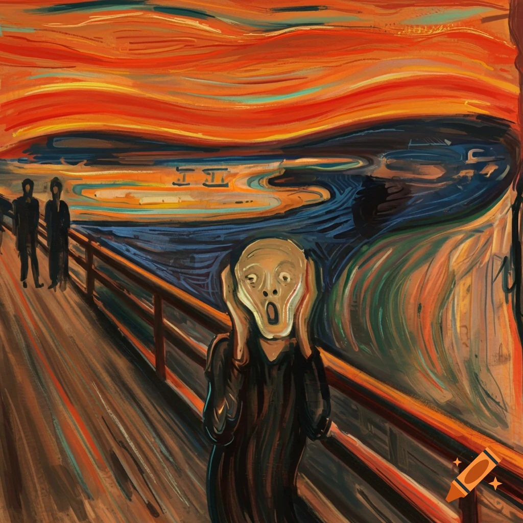 A figure screams on a bridge with hands on head in the style of Munch's The Scream, with an orange and red sky.