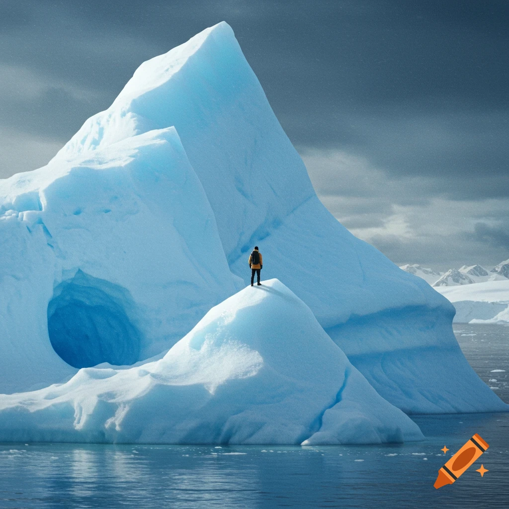 Photorealistic depiction of a person standing on a large iceberg in the ocean.