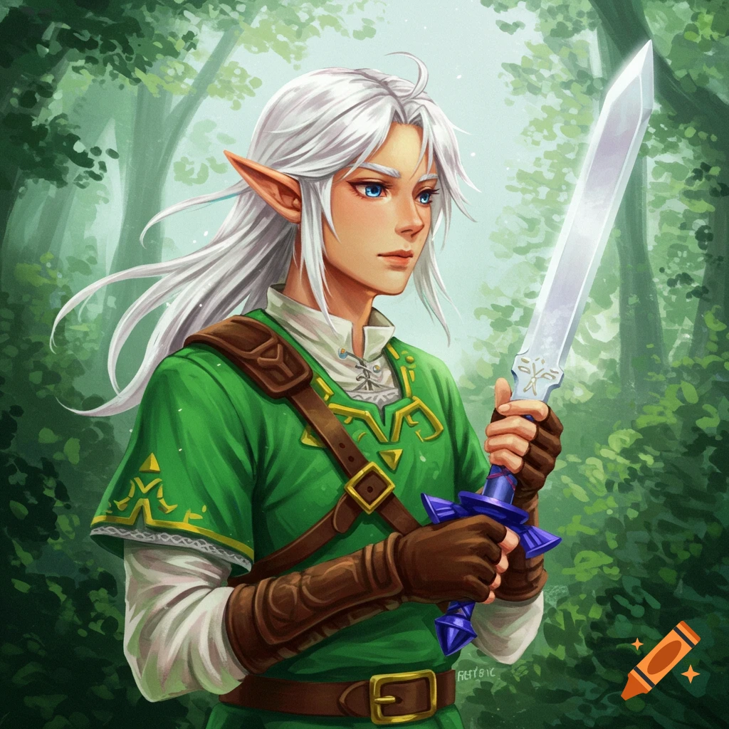 A white-haired Hylian holding a sword in a forest.