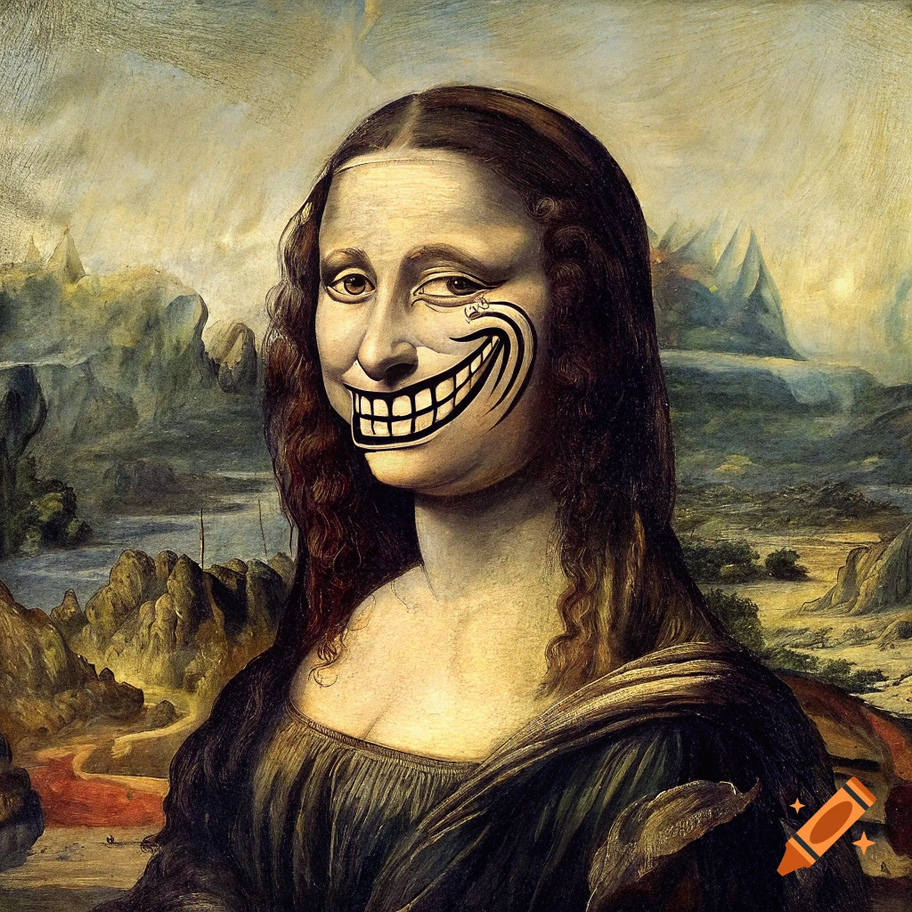 Mona Lisa painting with a black and white trollface meme on her face