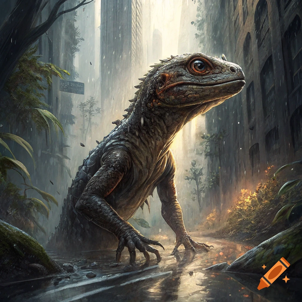 A large lizard-like creature stands in a flooded city street under rain, overgrown with plants.