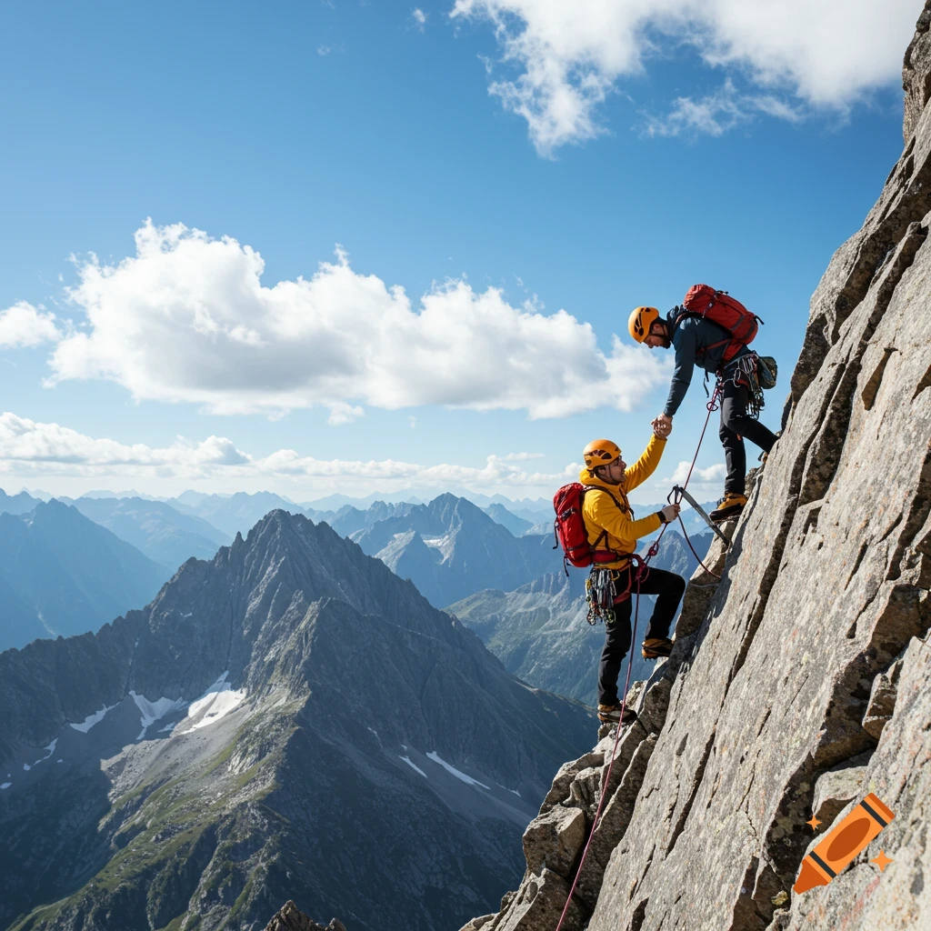 Two mountain climbers on a rock face, one helps the other ascend.