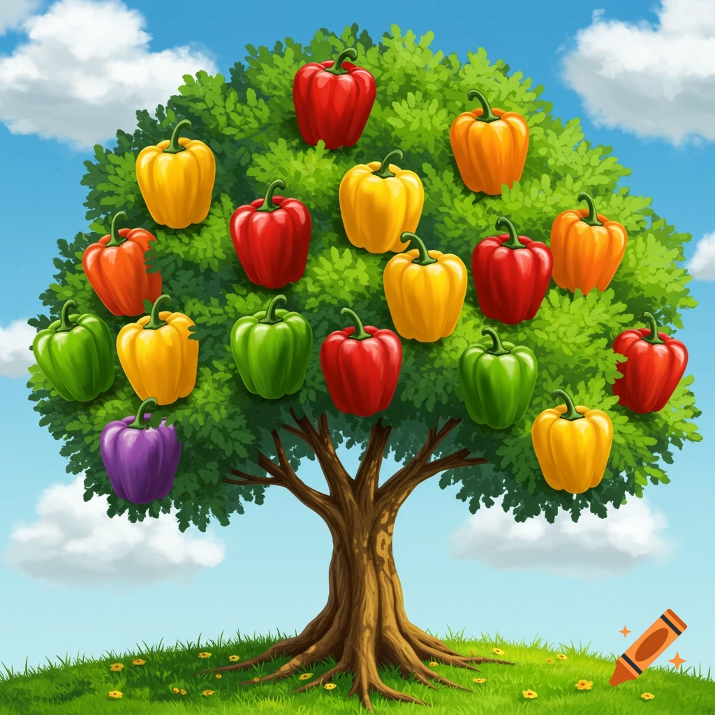 A tree growing red, orange, yellow, green, and purple bell peppers in a grassy landscape.