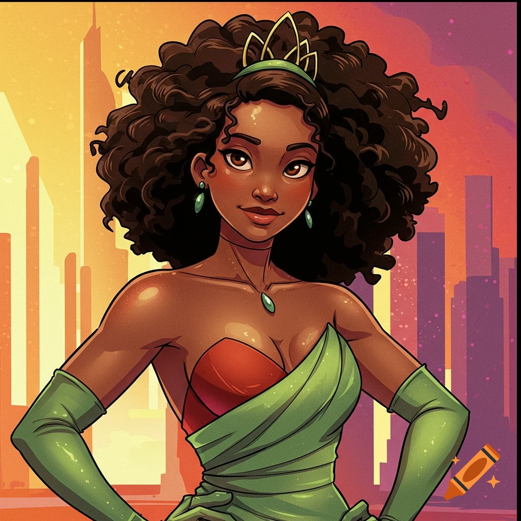 Illustration of a cartoon woman with curly hair wearing a green and red dress and tiara in front of a city skyline.