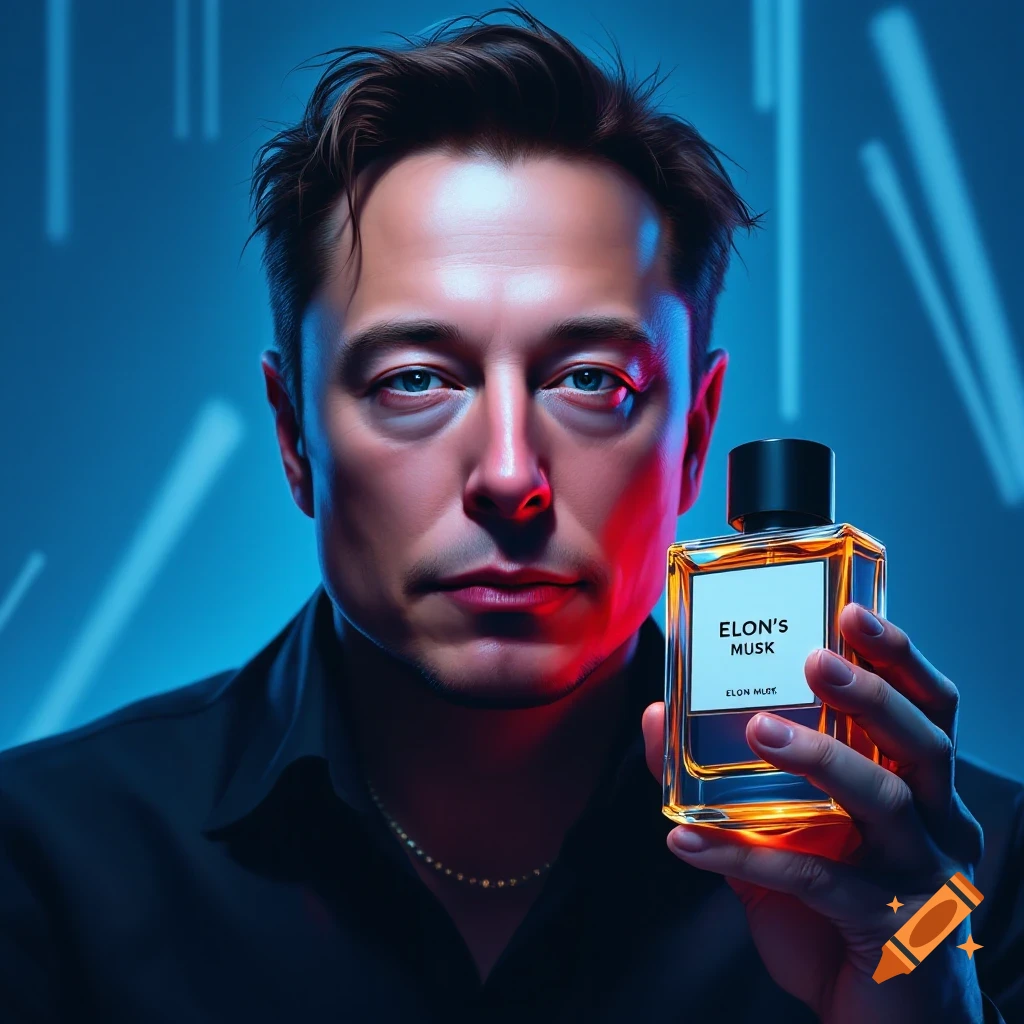 Elon Musk holding a perfume bottle labeled Elon's Musk, digital art