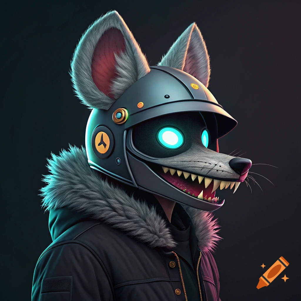 Stylized portrait of a character with a wolf head, wearing a metal helmet with glowing eyes and a black jacket.