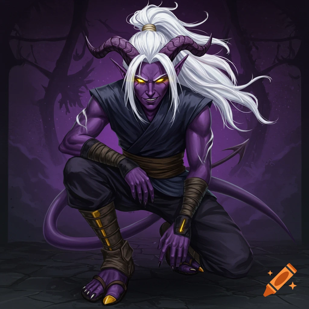 A purple-skinned tiefling character in a ninja outfit crouches, with flowing white hair and glowing yellow eyes.