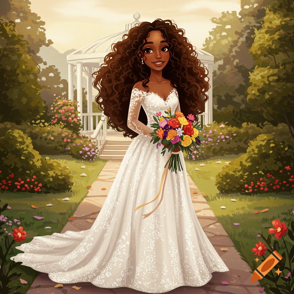 Illustration of a bride in a white wedding dress holding a bouquet in a garden with a gazebo.