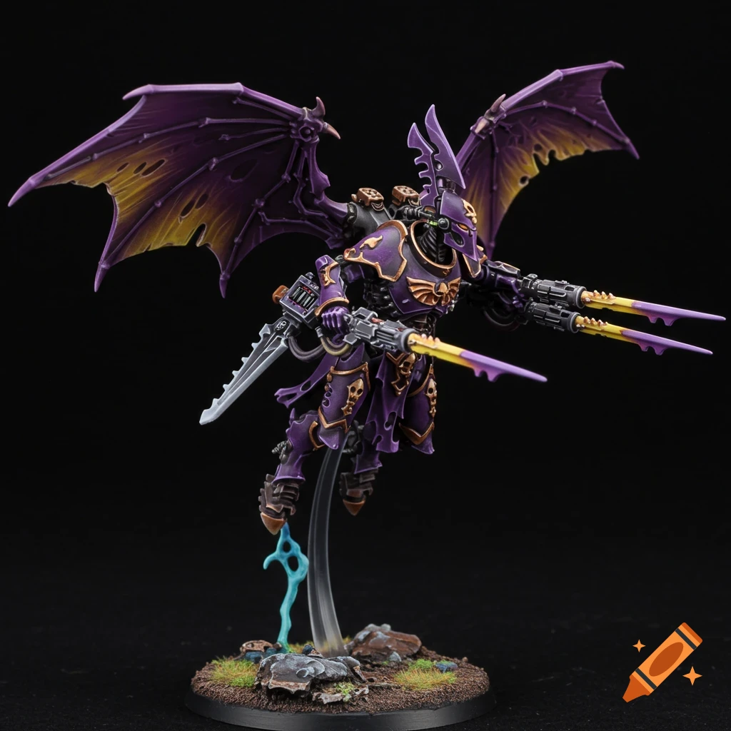 Purple and gold miniature figure of a winged futuristic warrior on a base.