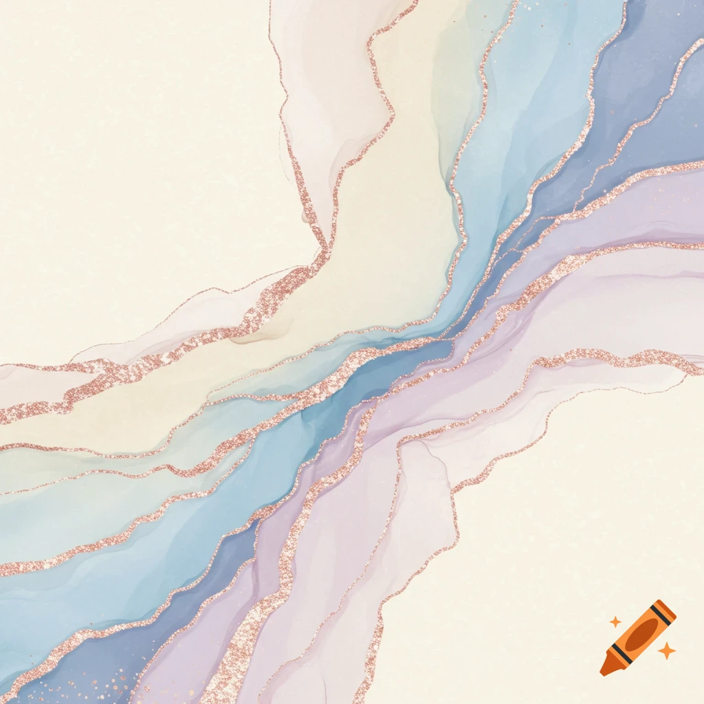 Abstract art with flowing lines of soft blue, lavender, ivory, and rose gold glitter.