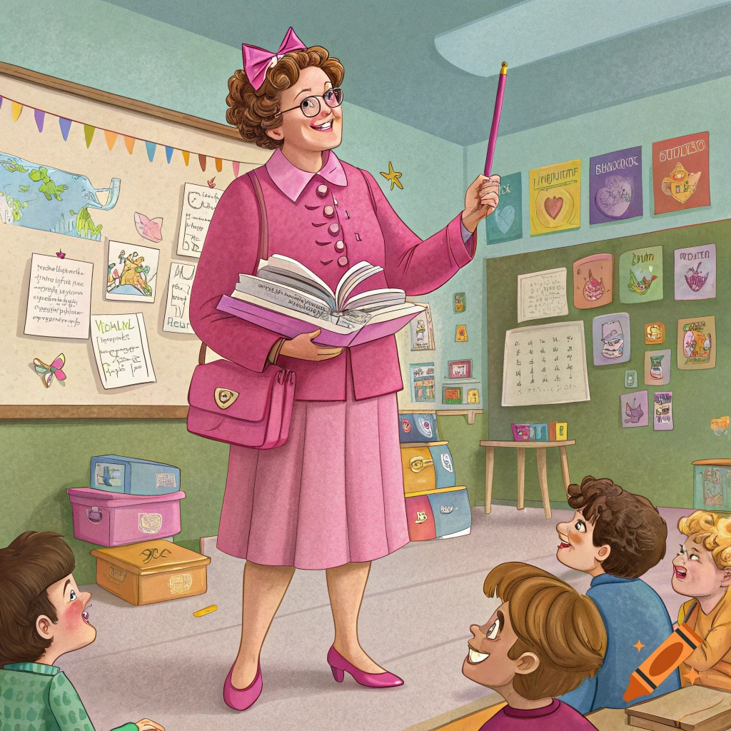 Cartoon teacher in pink outfit teaching children in a classroom.