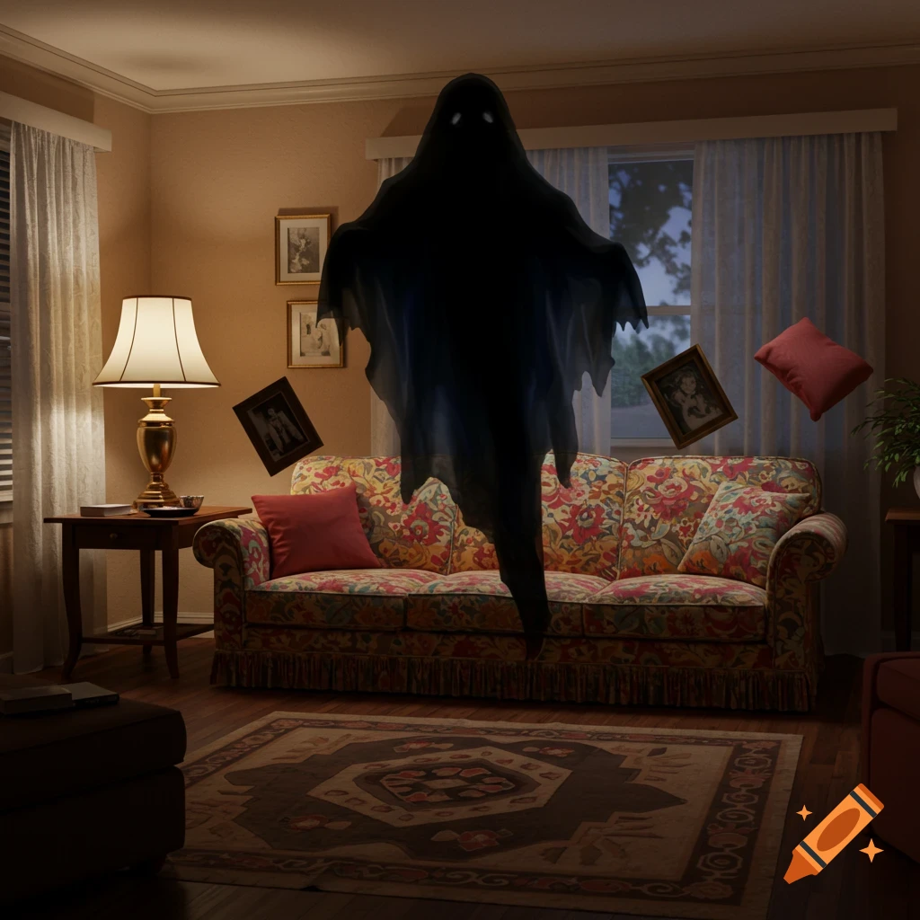 A dark ghost floats in a vintage living room with furniture and pictures levitating around it.