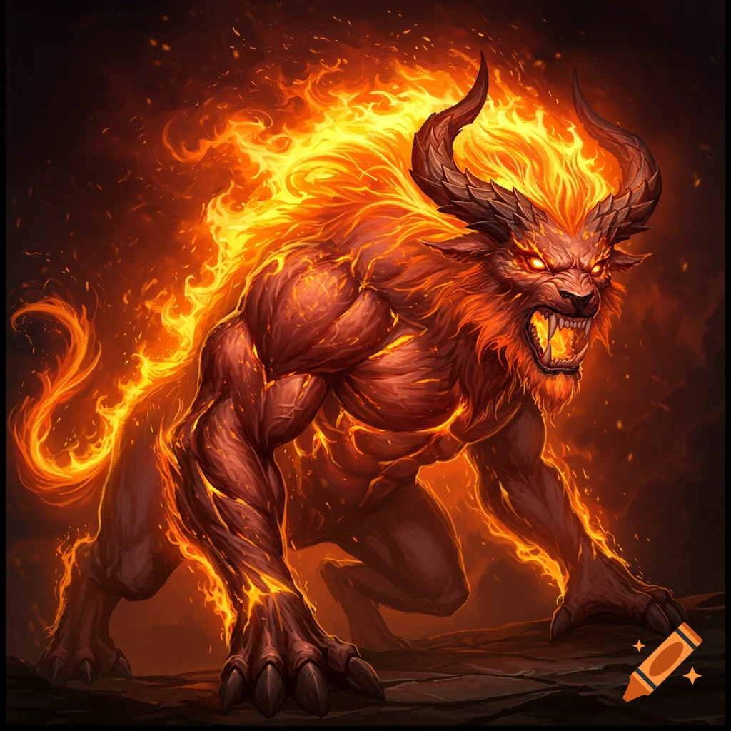 A fierce monster made of fire stands on all fours, with glowing eyes and horns.