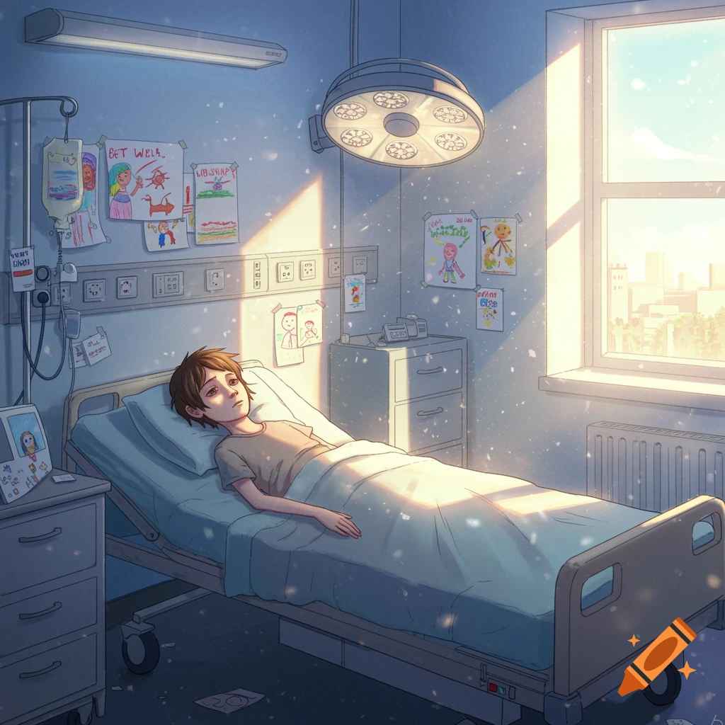 A young boy lies in a hospital bed, bathed in sunlight, with cheerful get-well drawings adorning the wall.