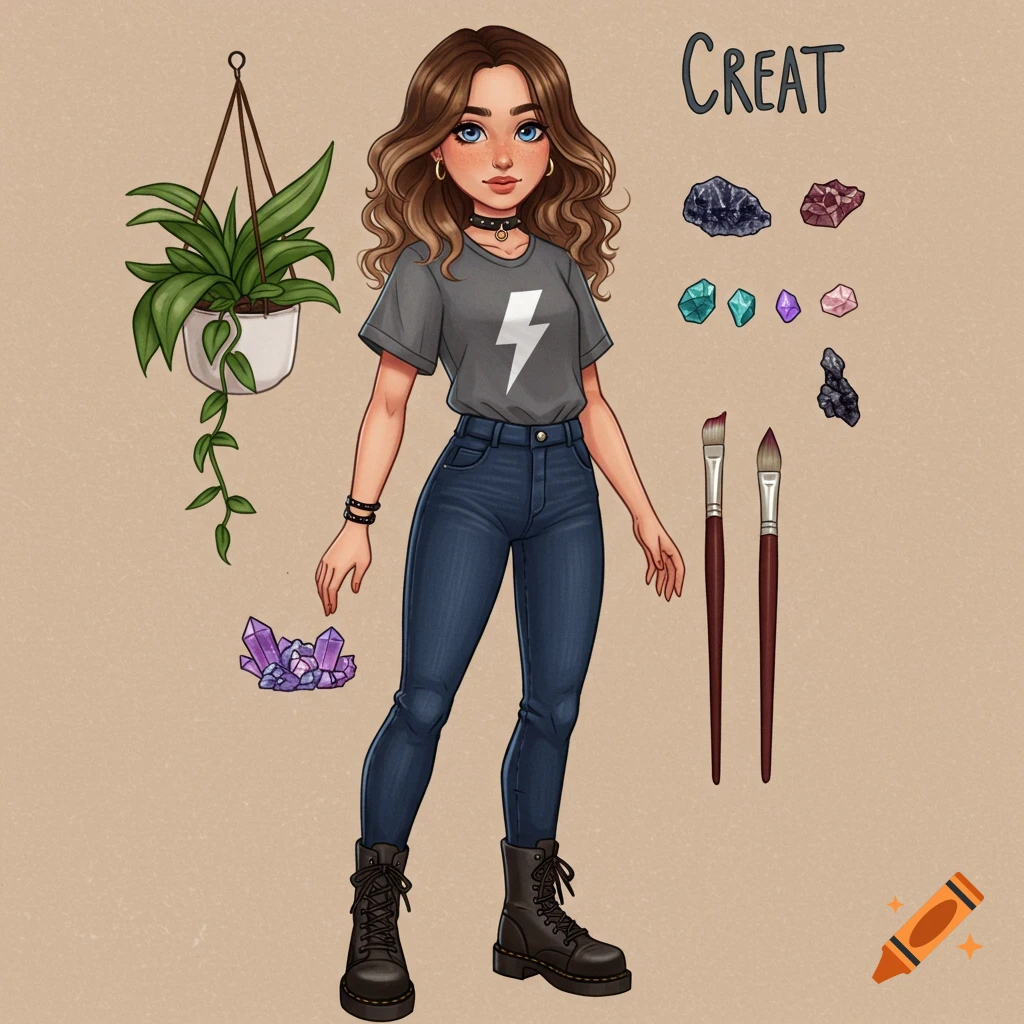 Digital illustration of a young woman with plant, crystals, and paint brushes.