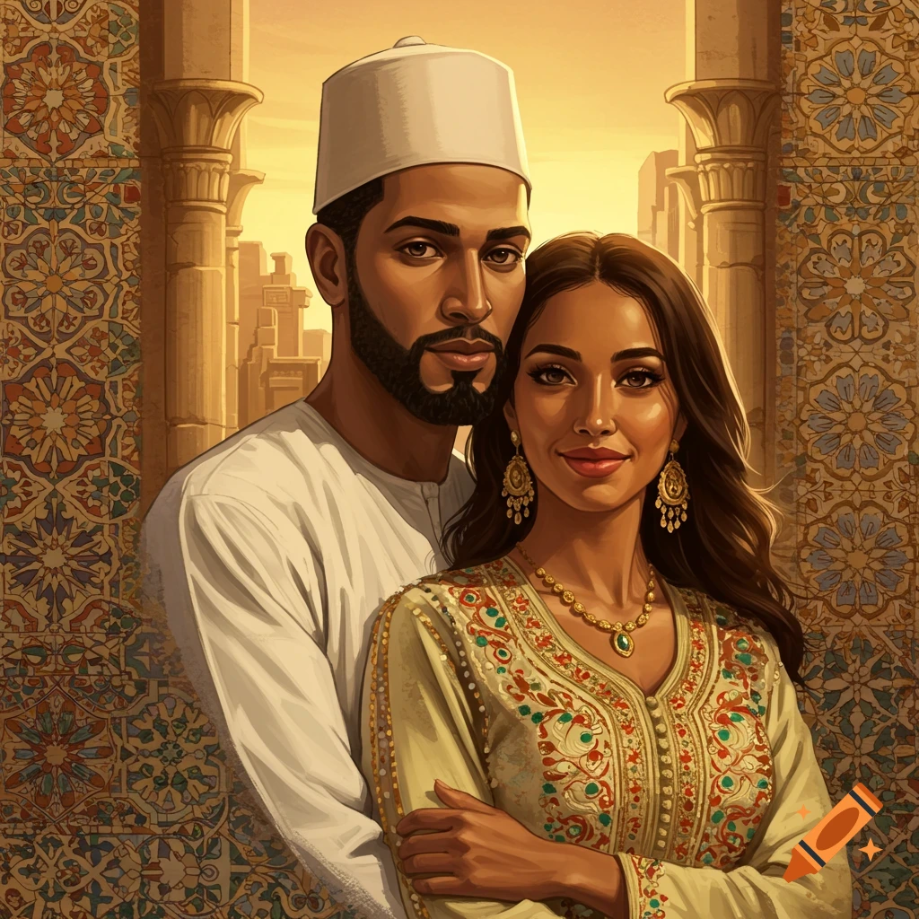 A couple in traditional clothing standing by columns and patterned walls.