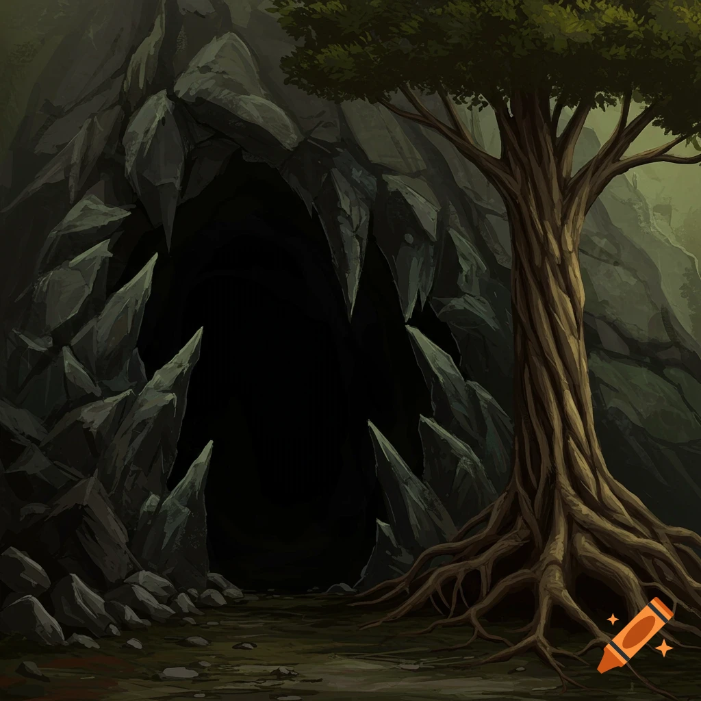 A menacing dark cave opening next to an ancient gnarled tree with exposed roots.