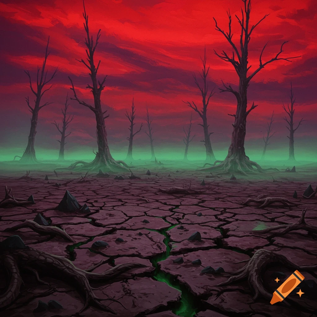 A dark, cracked landscape with dead trees against a red sky and green mist.