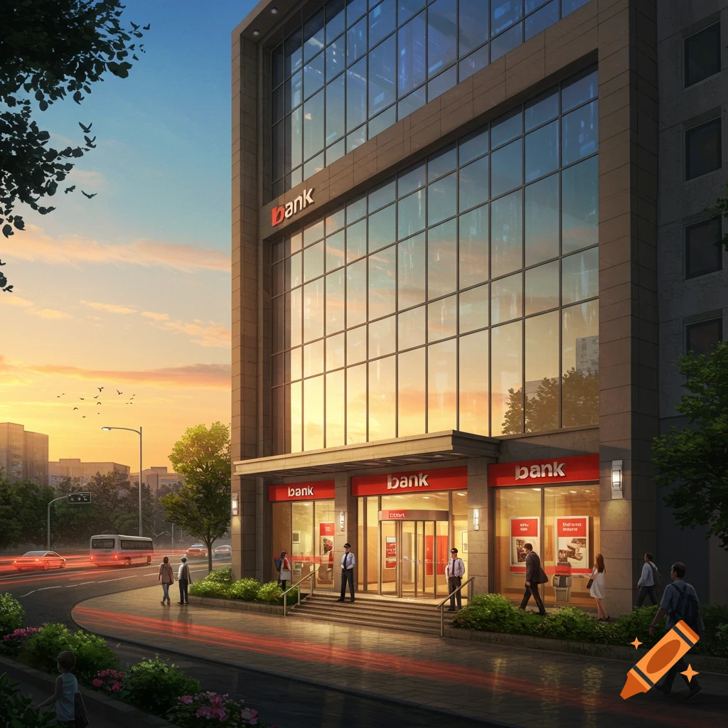 A modern bank building at sunset with people on the sidewalk.