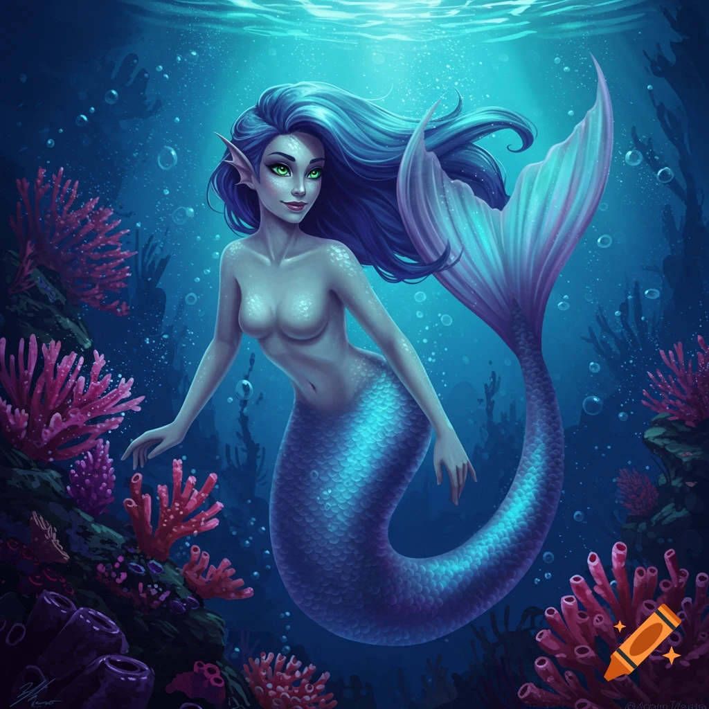 A blue-haired mermaid with a shimmering tail is swimming underwater amidst coral.