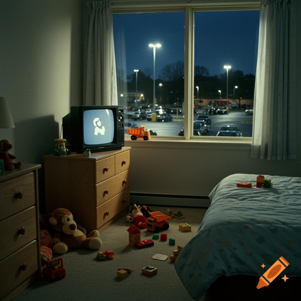 A dim bedroom at night with toys on the floor, a vintage TV, and a view of a parking lot out the window.