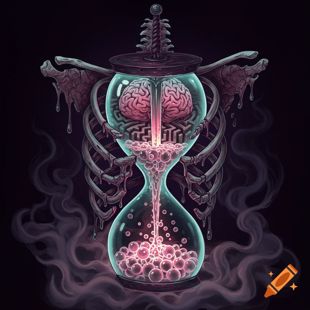 Surreal image of a skeleton ribcage framing an hourglass containing a brain, a sword, and glowing liquid draining into smoke.